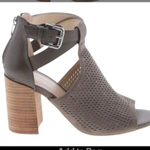 Marc Fisher perforated Peep toe stacked heel genuine leather taupe shoes